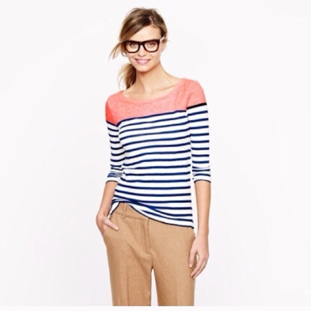 J. Crew Coral and Navy Striped Long Sleeve Tee Small